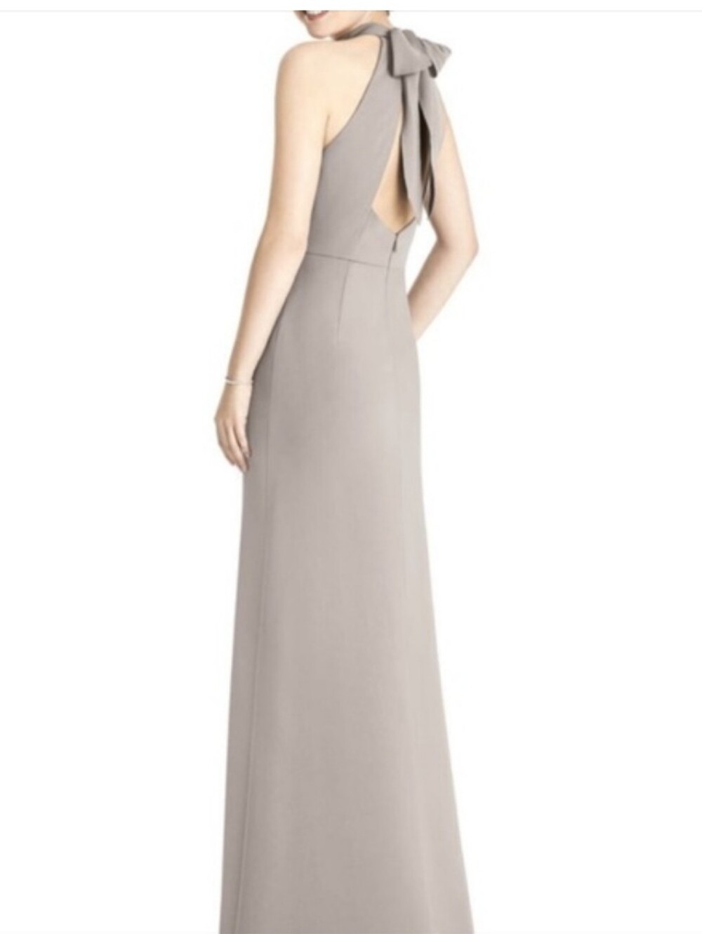 New Jenny Yoo Crepe Halter Back Neck Bow Taupe Dress